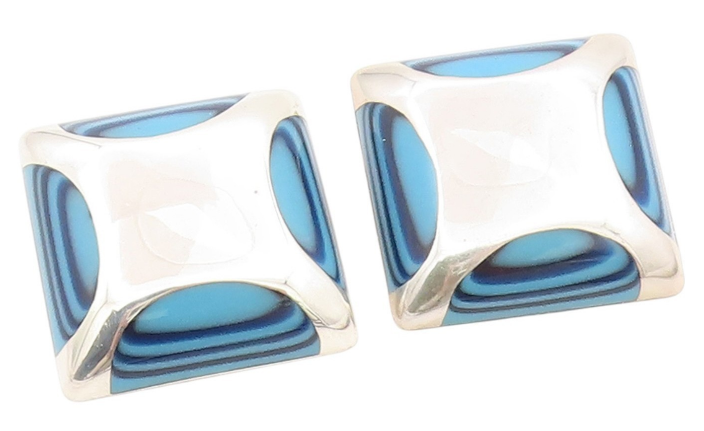 925 Sterling Silver Vintage Earrings MEXICO Blue Agate Geometric Clip On EG14039