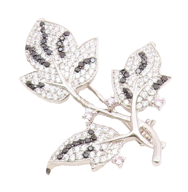 925 Silver  Vintage Cubic Zirconia & Black Spinel Floral Brooch Pin  BP8882