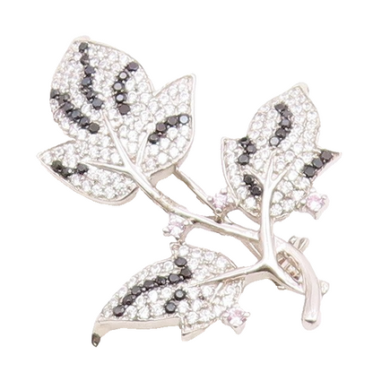 925 Silver  Vintage Cubic Zirconia & Black Spinel Floral Brooch Pin  BP8882