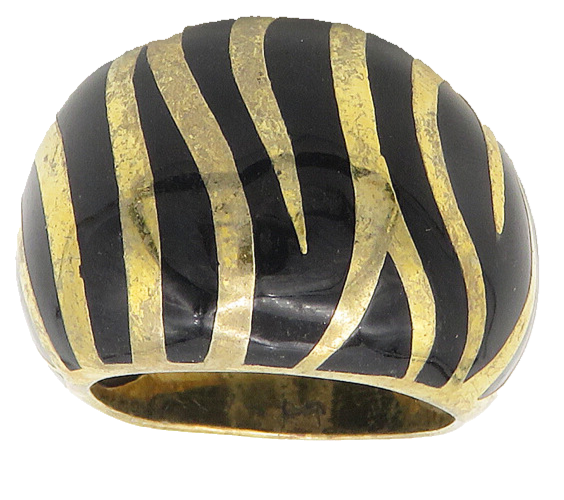 925 Sterling Silver  Black Onyx Striped Gold Plated Band Ring Sz 6.5  RG18117