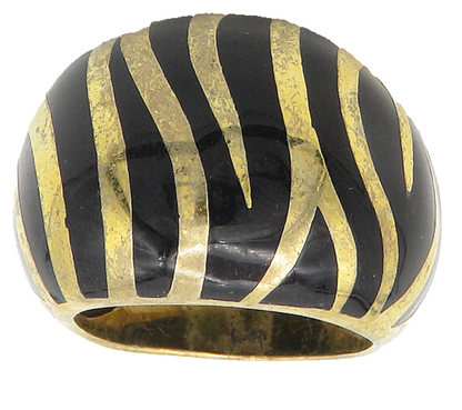 925 Sterling Silver  Black Onyx Striped Gold Plated Band Ring Sz 6.5  RG18117