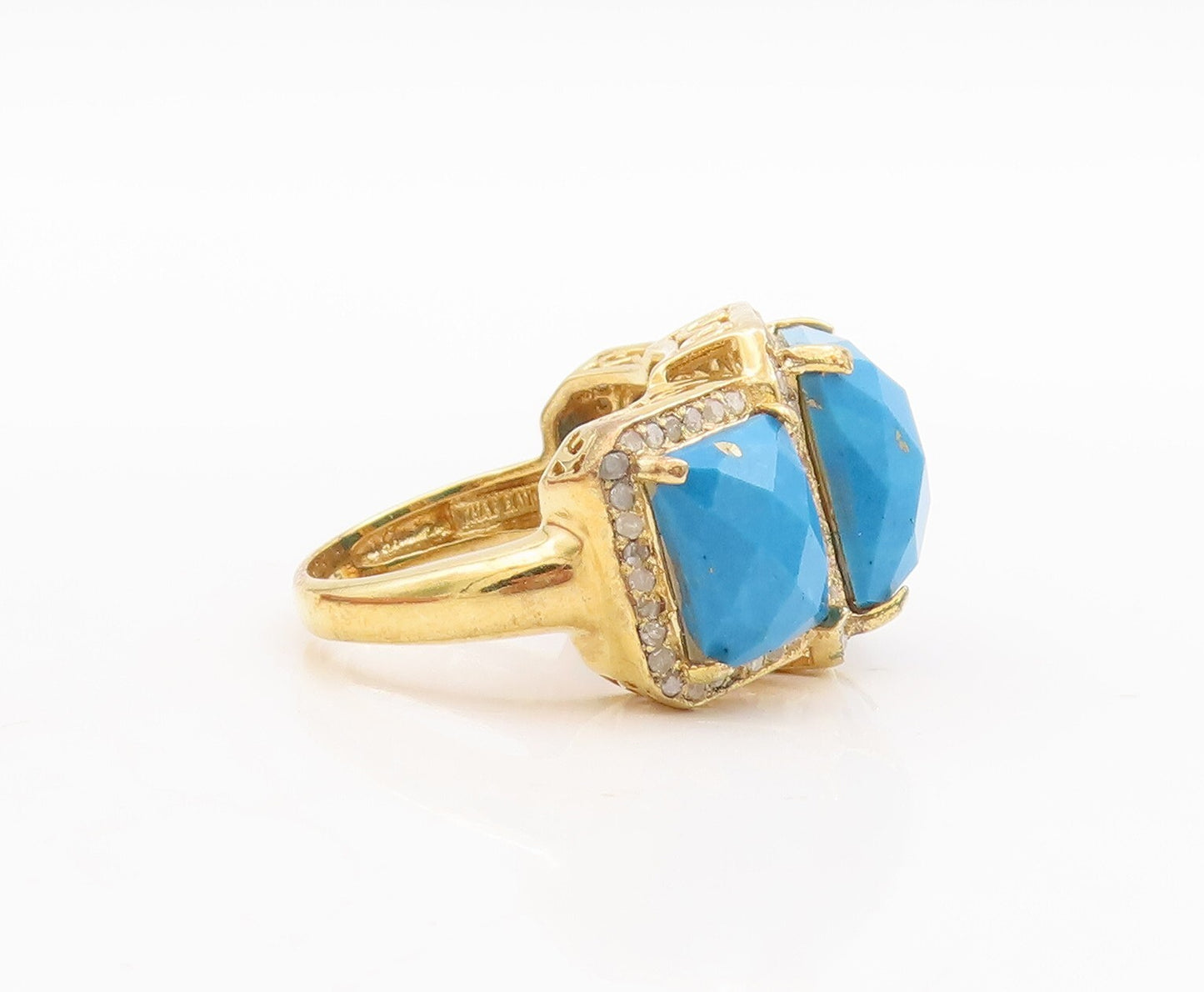 925 Sterling Silver Vintage Ring Gold Plated Diamonds &Turquoise  Sz 7.5 RG29242