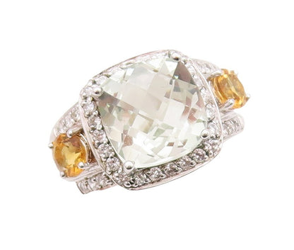 925 Sterling Silver Vintage Ring Green Amethyst CZ & Citrine  Sz 7.5  RG30015