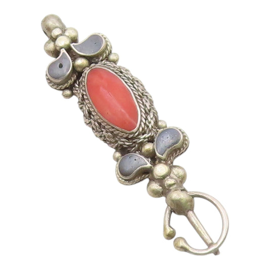 925 Silver  Vintage Inlaid Coral & Onyx Beaded Rope Twist Drop Pendant PT20438