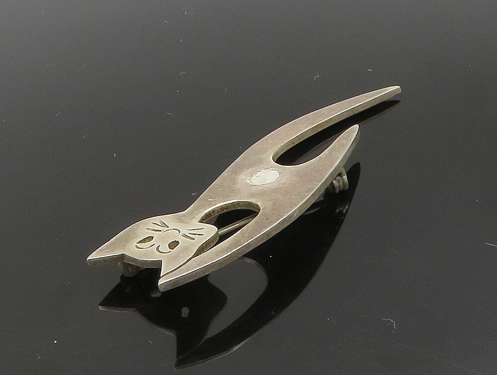 MEXICO 925 Sterling Silver  Vintage Modernist Cat Motif Brooch Pin  BP9310