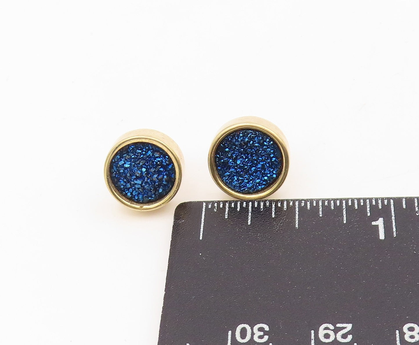 925 Sterling Silver Vintage Earrings Gold Plated Blue Drusy Quartz Stud  EG13880