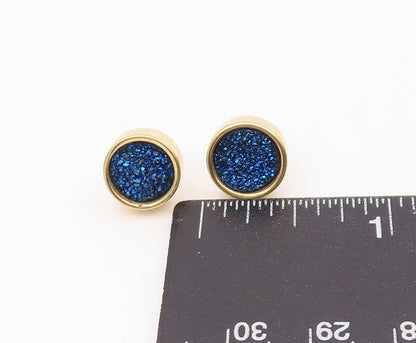 925 Sterling Silver Vintage Earrings Gold Plated Blue Drusy Quartz Stud  EG13880