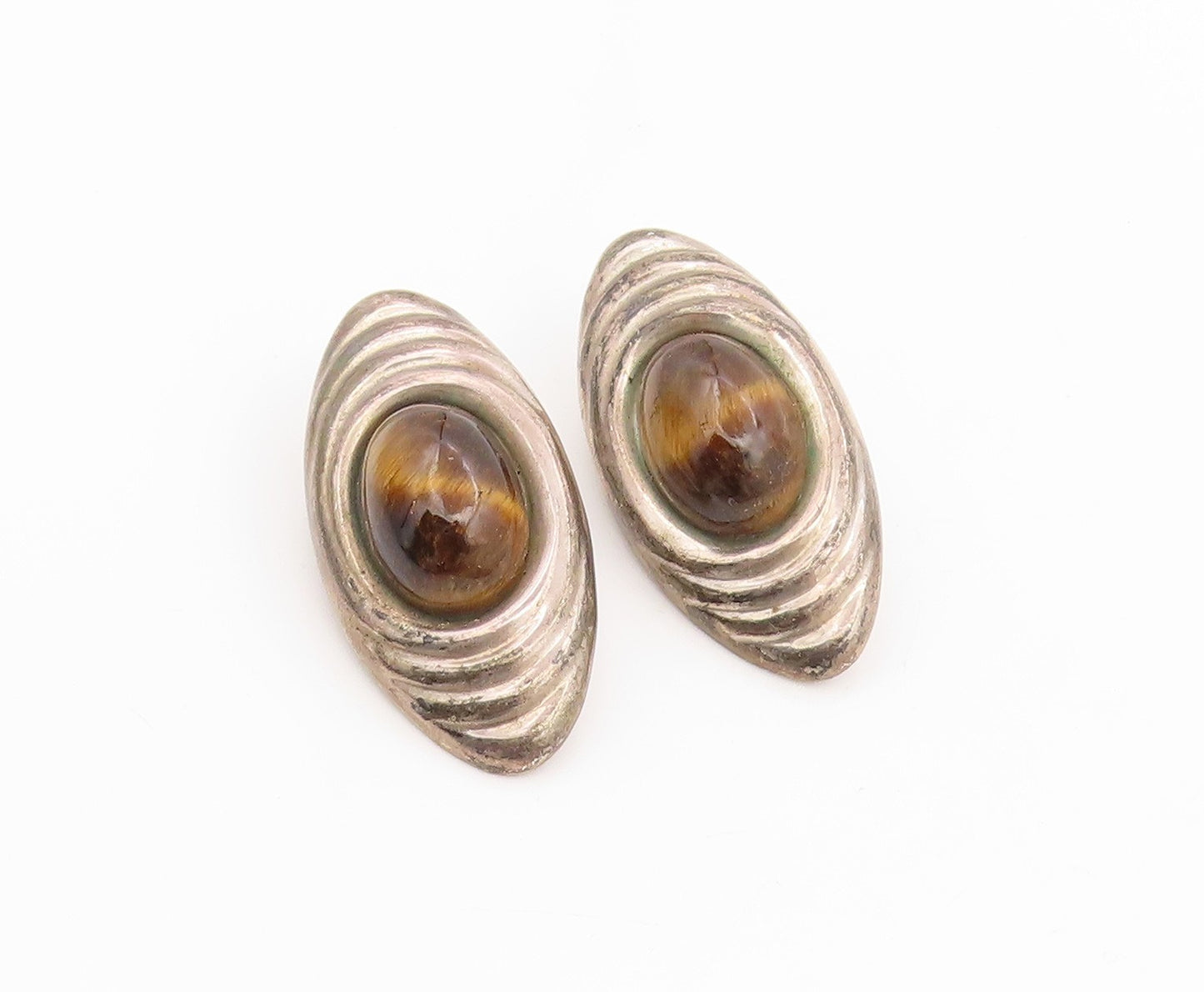 925 Sterling Silver Vintage Earrings MEXICO Oval Cabochon Tiger's Eye  EG14359
