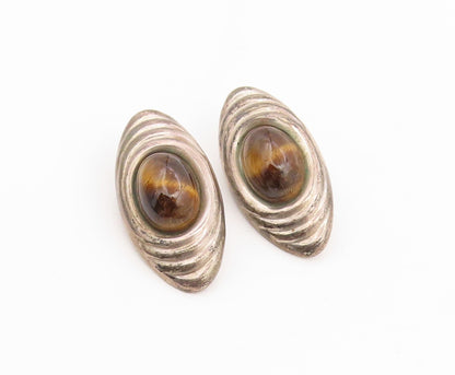 925 Sterling Silver Vintage Earrings MEXICO Oval Cabochon Tiger's Eye  EG14359