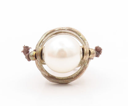 925 Sterling Silver Vintage Ring UNO DE 50 Large Cutout Pearl  Sz 7.5  RG31463