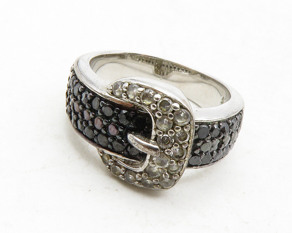 925 Sterling Silver  Black Hematite & Topaz Belt Buckle Band Ring Sz 6 RG12959