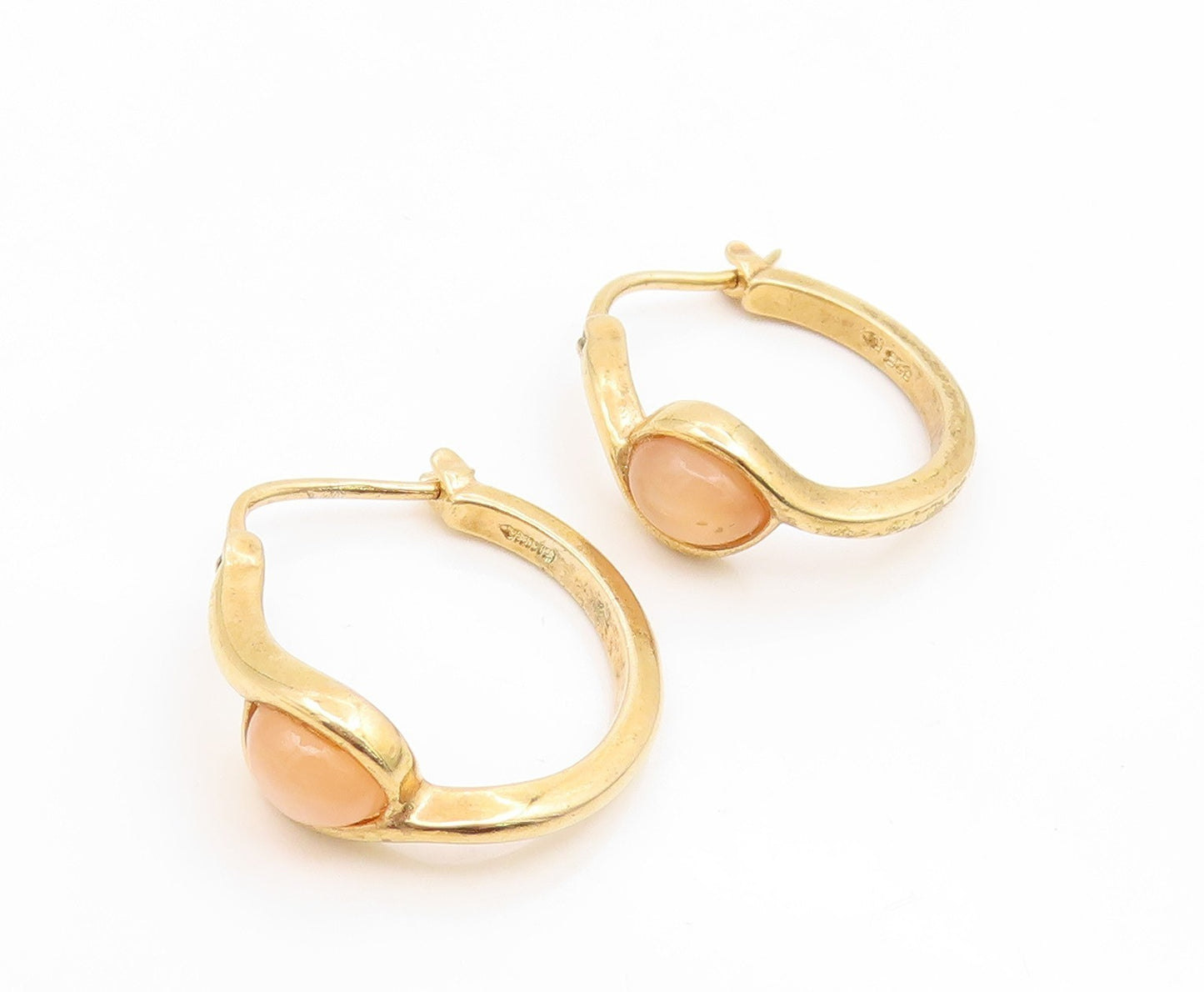 925 Sterling Silver Vintage Earrings Gold Plated Cabochon Cat Eye Hoops  EG14193