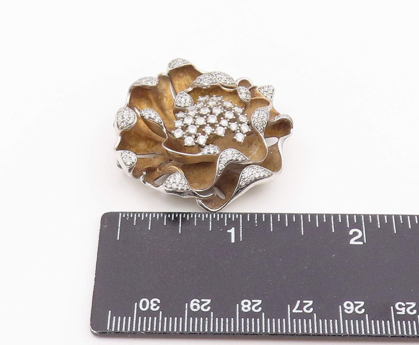 925 Sterling Silver Vintage Pendant Classic CZ Gilded Petals Blossom  PT26411