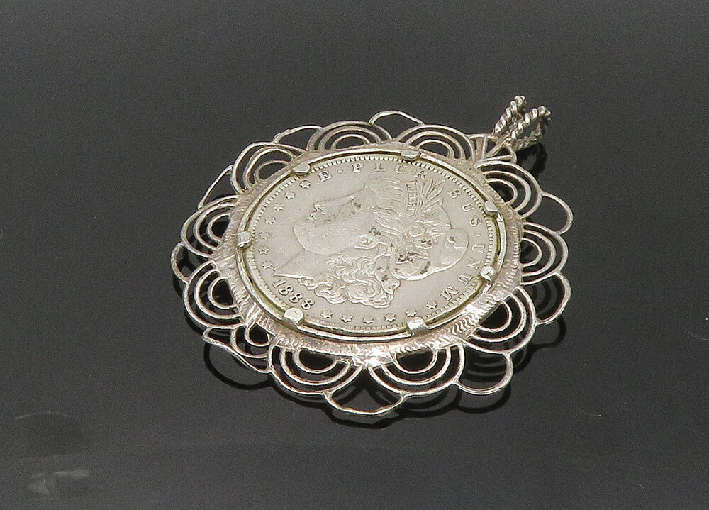 925 Sterling Silver  Vintage 1888 One Dollar U.S. Coin Pendant  PT16854