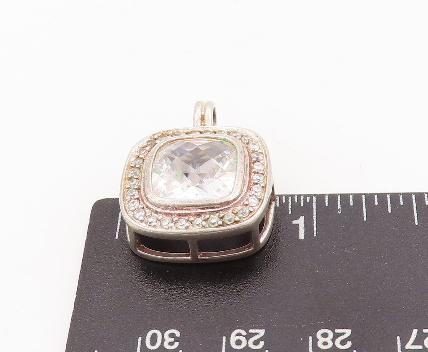 925 Sterling Silver Vintage Pendant Square Cut Halo Topaz Beaded Frame  PT23441