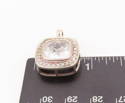 925 Sterling Silver Vintage Pendant Square Cut Halo Topaz Beaded Frame  PT23441
