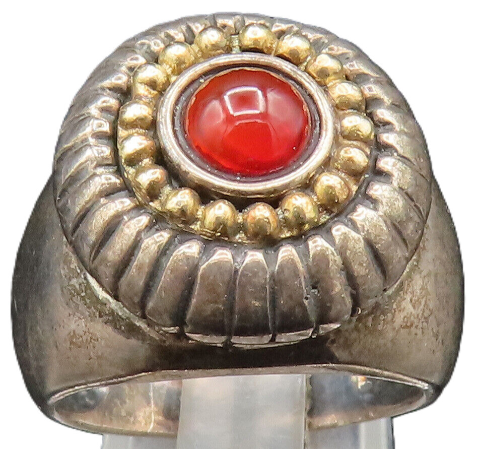 14K GOLD & 925 Silver  Vintage Carnelian Etched Flower Dome Ring Sz 7  RG24578