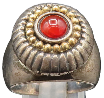 14K GOLD & 925 Silver  Vintage Carnelian Etched Flower Dome Ring Sz 7  RG24578