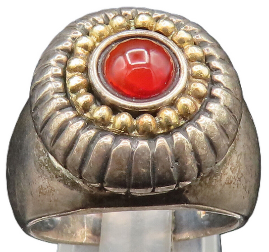 14K GOLD & 925 Silver  Vintage Carnelian Etched Flower Dome Ring Sz 7  RG24578