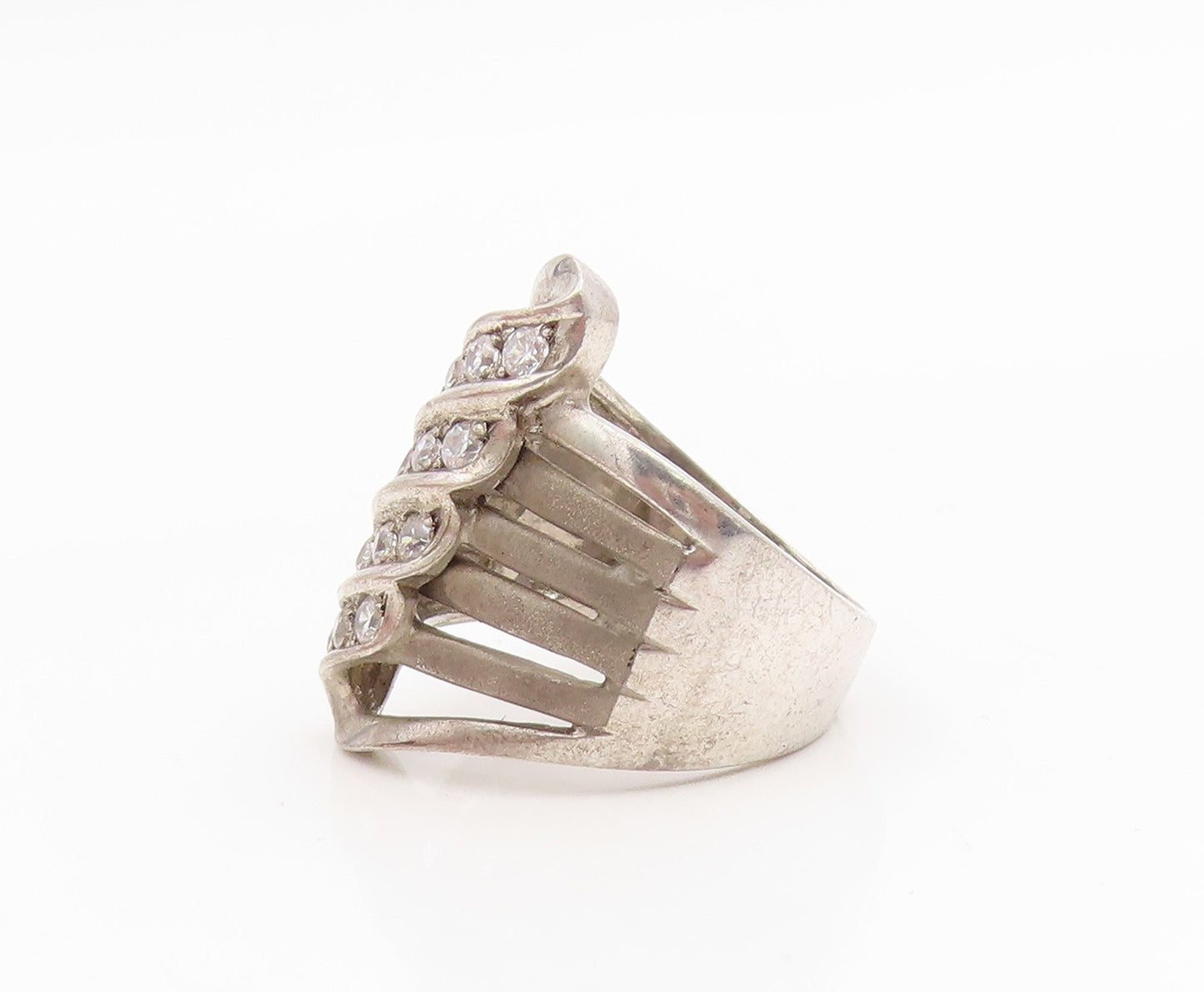 925 Sterling Silver Vintage Ring Multi Row CZ Wave Design Band  Sz 8  RG34934
