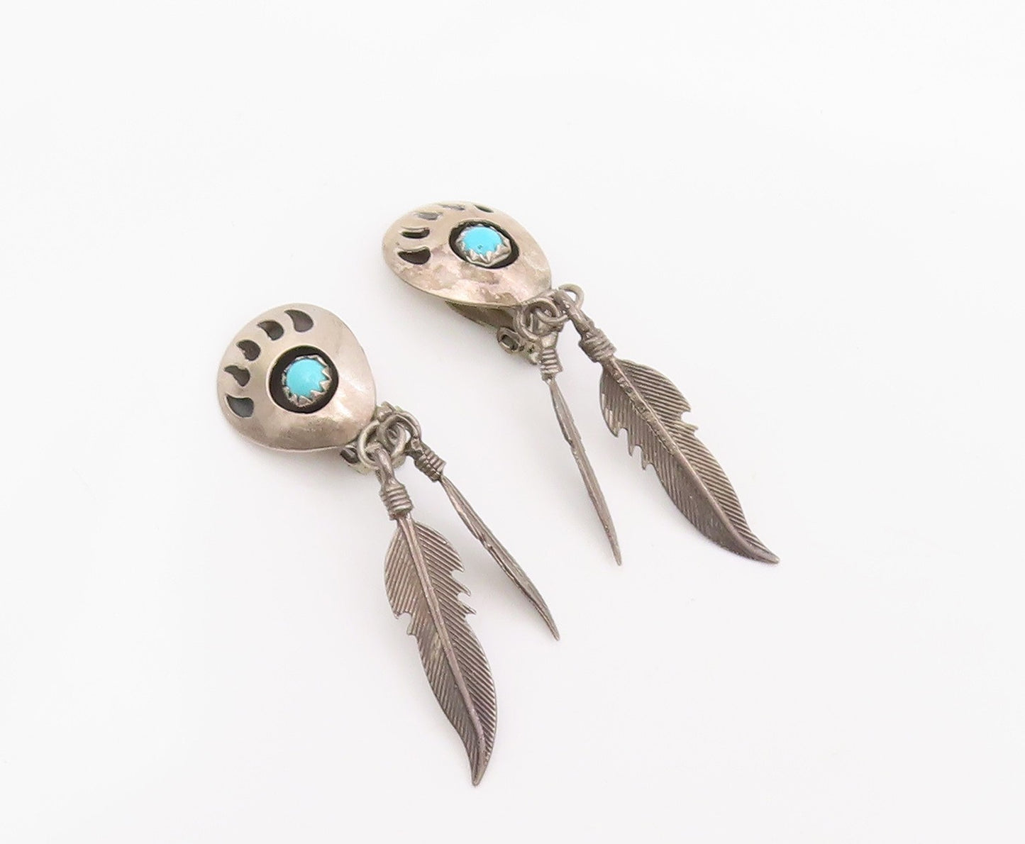 925 Sterling Silver Vintage Earrings NAVAJO  Turquoise Bear Paw Feather  EG14167