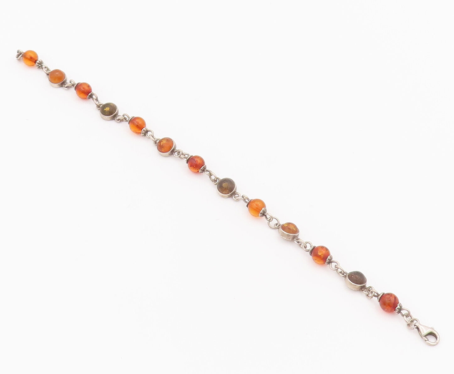 925 Sterling Silver Vintage Bracelet Mini Round Cabochon Amber Links  BT10431
