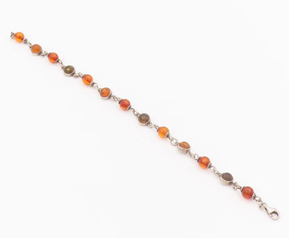 925 Sterling Silver Vintage Bracelet Mini Round Cabochon Amber Links  BT10431