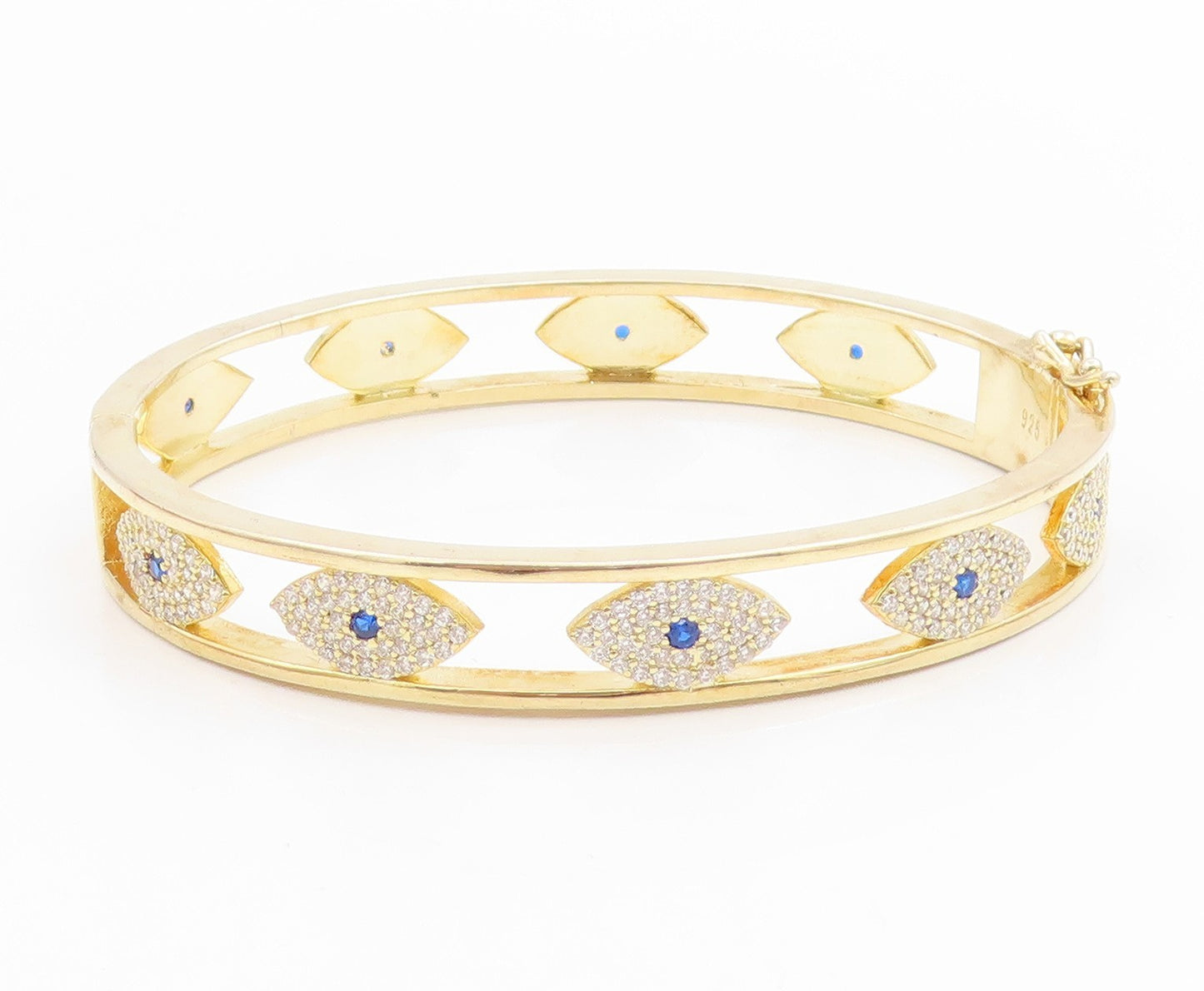 925 Sterling Silver Vintage Bracelet Gold Plated CZ Evil Eye Bangle  BT12004