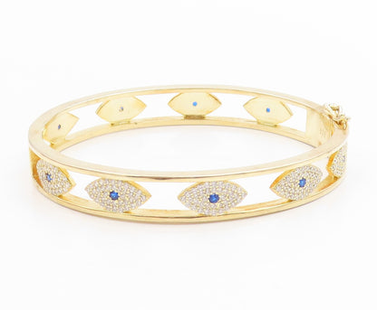 925 Sterling Silver Vintage Bracelet Gold Plated CZ Evil Eye Bangle  BT12004