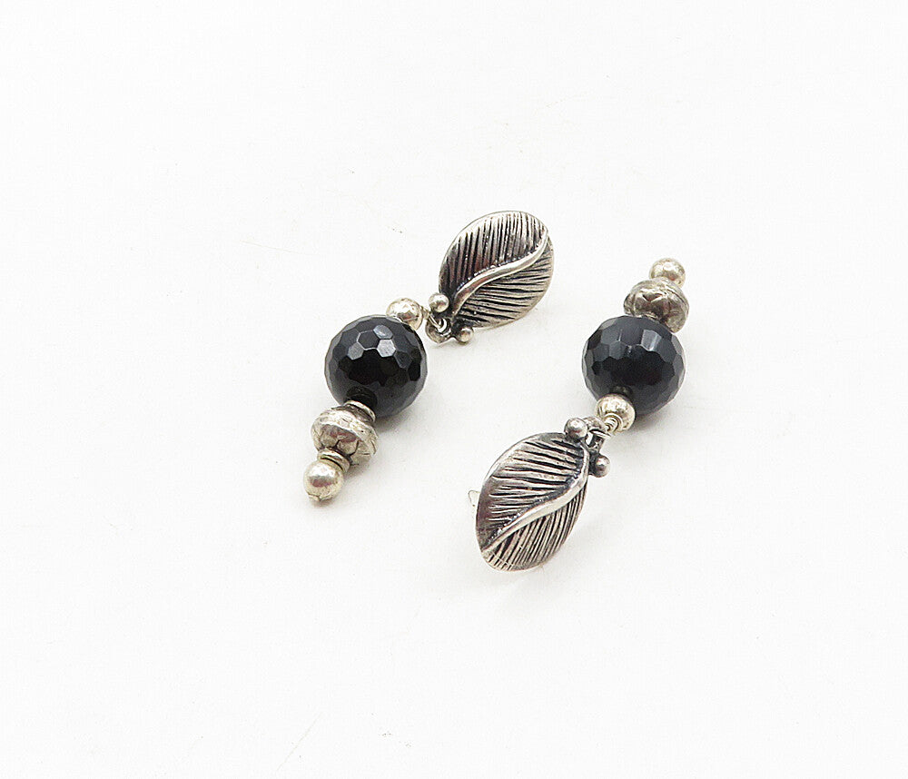 925 Sterling Silver  Vintage Black Onyx Bal Bead Floral Drop Earrings  EG4749
