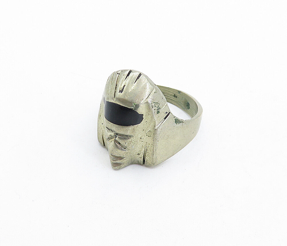MEXICO 925 Silver  Vintage Black Onyx Sculpted Face Band Ring Sz 12  RG4212