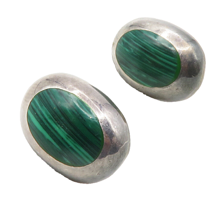 MEXICO 925 Sterling Silver  Vintage Inlaid Malachite Oval Stud Earrings EG6527