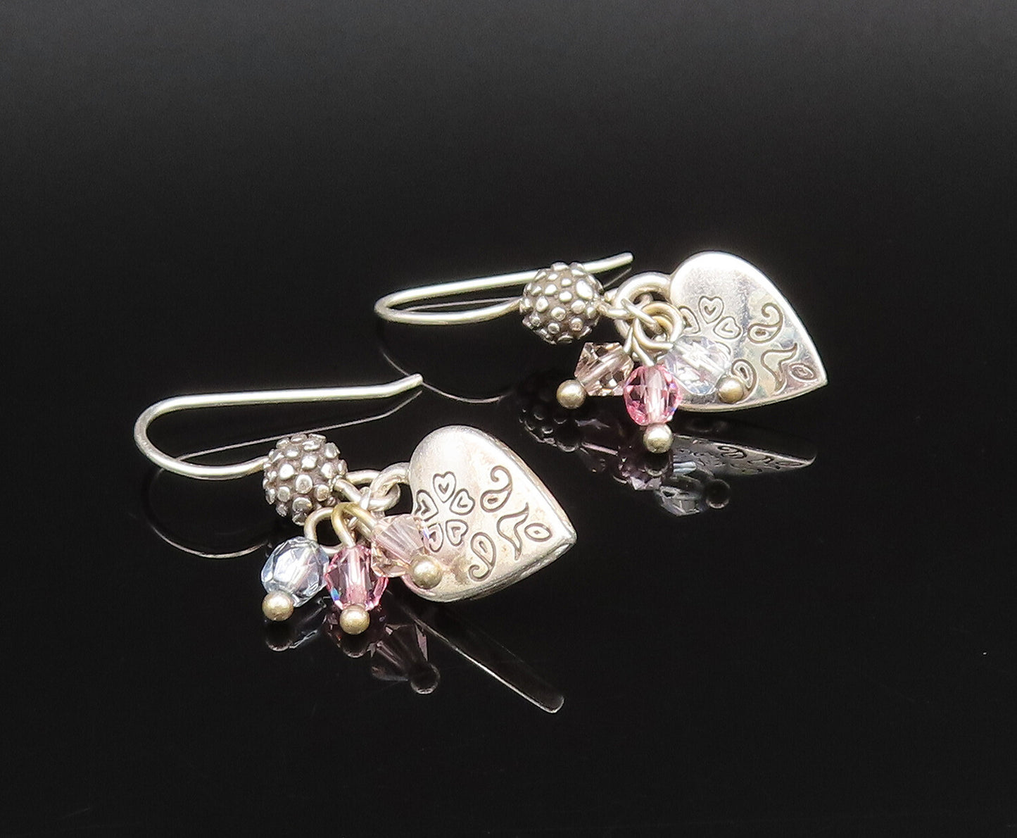 925 Silver  Vintage Engraved Love Heart & Quartz Dangle Earrings  EG12283