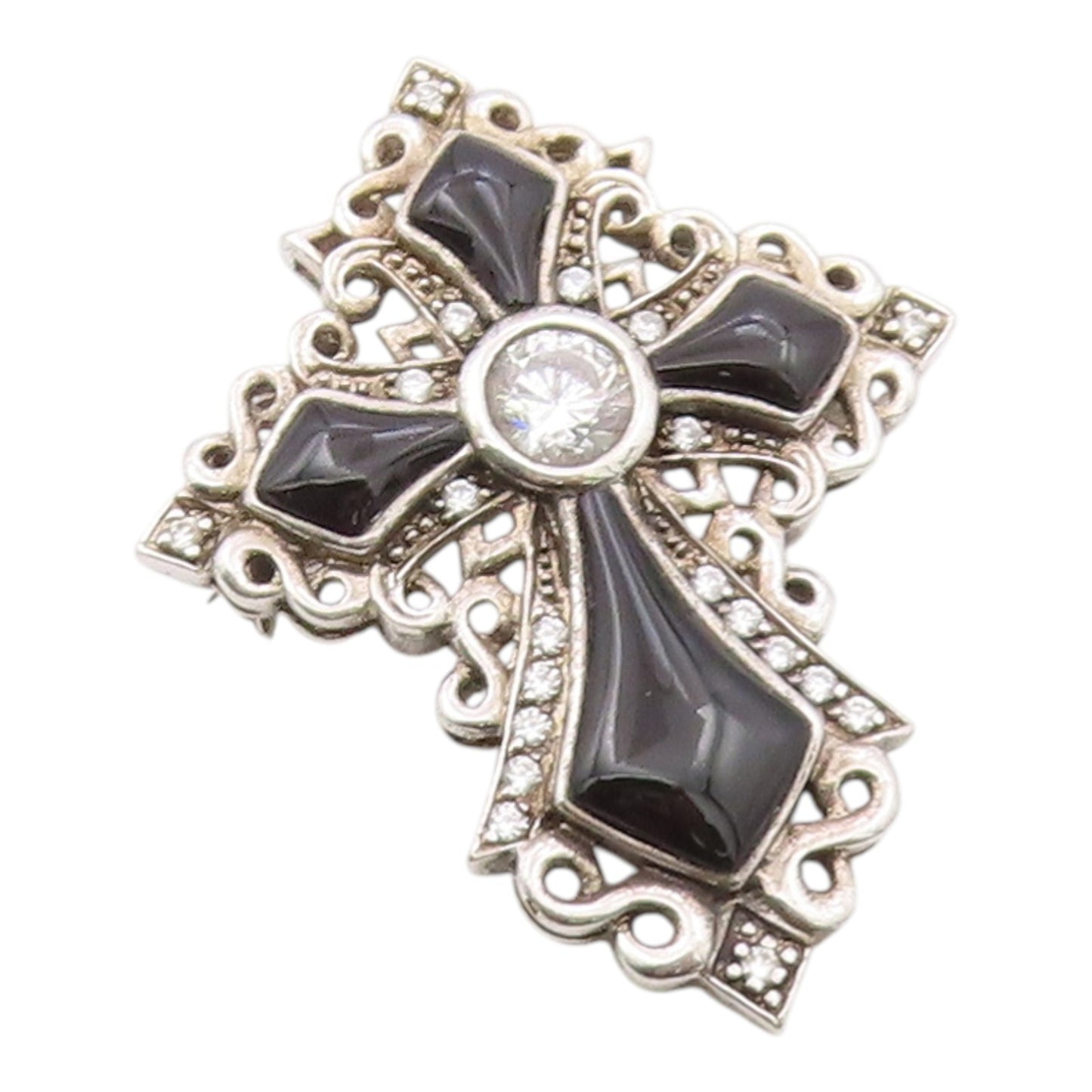 925 Sterling Silver Vintage Brooch Pin Onyx & Topaz Religious Cross  BP12576