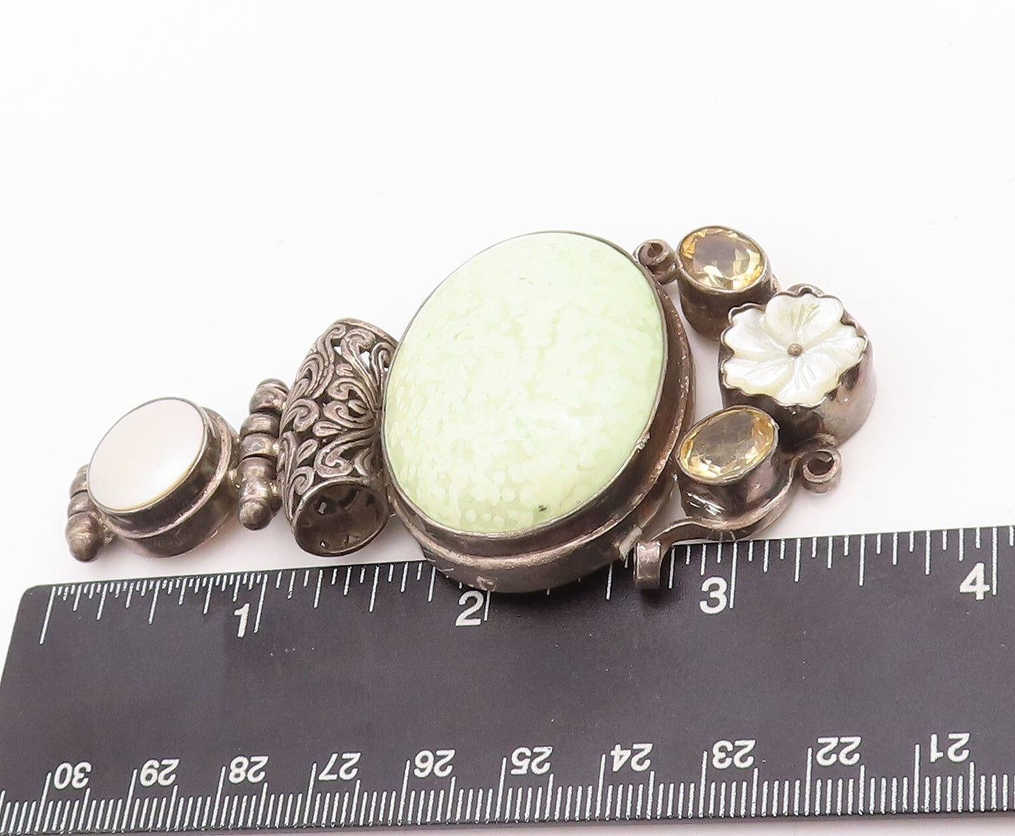 925 Sterling Silver Vintage Pendant Heavy Floral Large Gemstones   PT23351