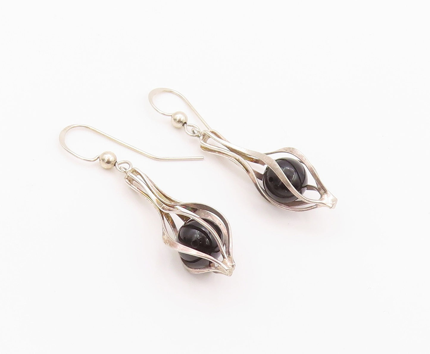 925 Sterling Silver Vintage Earrings Modernist Cutout Cage Cabochon Onyx EG13496