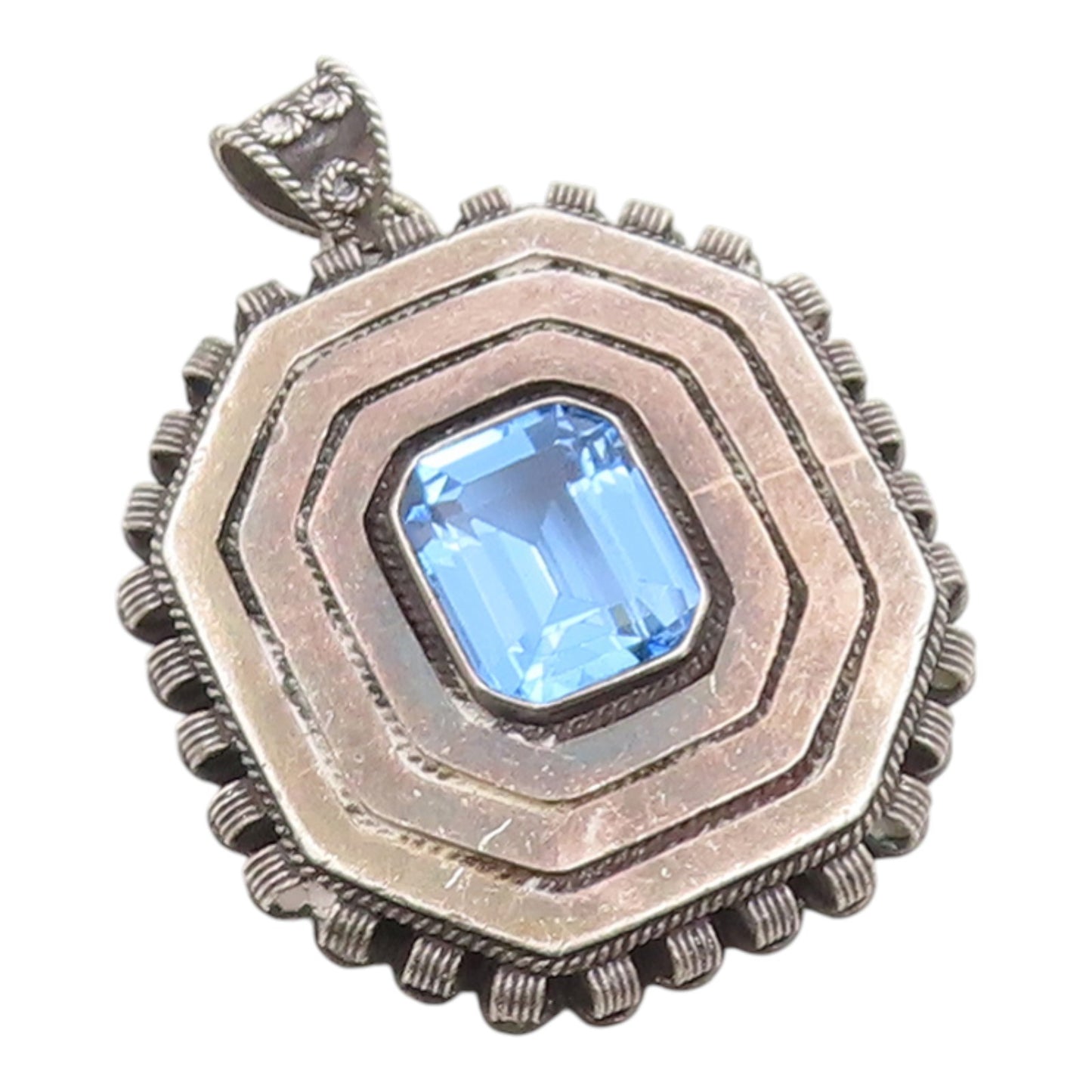 925 Sterling Silver Vintage Pendant EREZ ISRAEL Classic Blue Topaz Charm PT26238