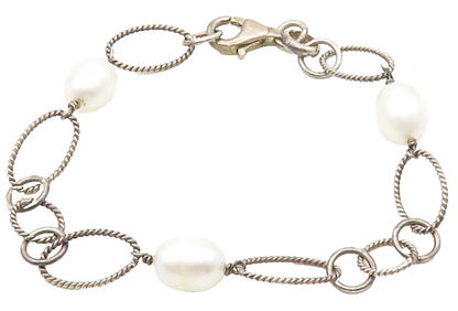 925 Sterling Silver  Vintage Pearls Oval Twist Link Chain Bracelet  BT6136