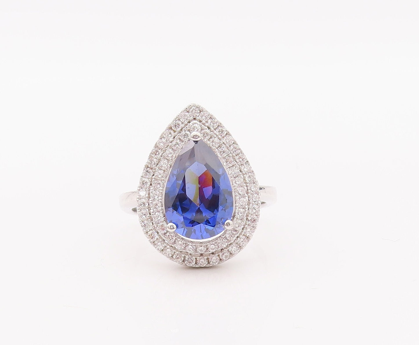 925 Sterling Silver Vintage Ring Drop Cut Sapphire Halo CZ Bands Sz 7 RG29305