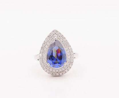 925 Sterling Silver Vintage Ring Drop Cut Sapphire Halo CZ Bands Sz 7 RG29305
