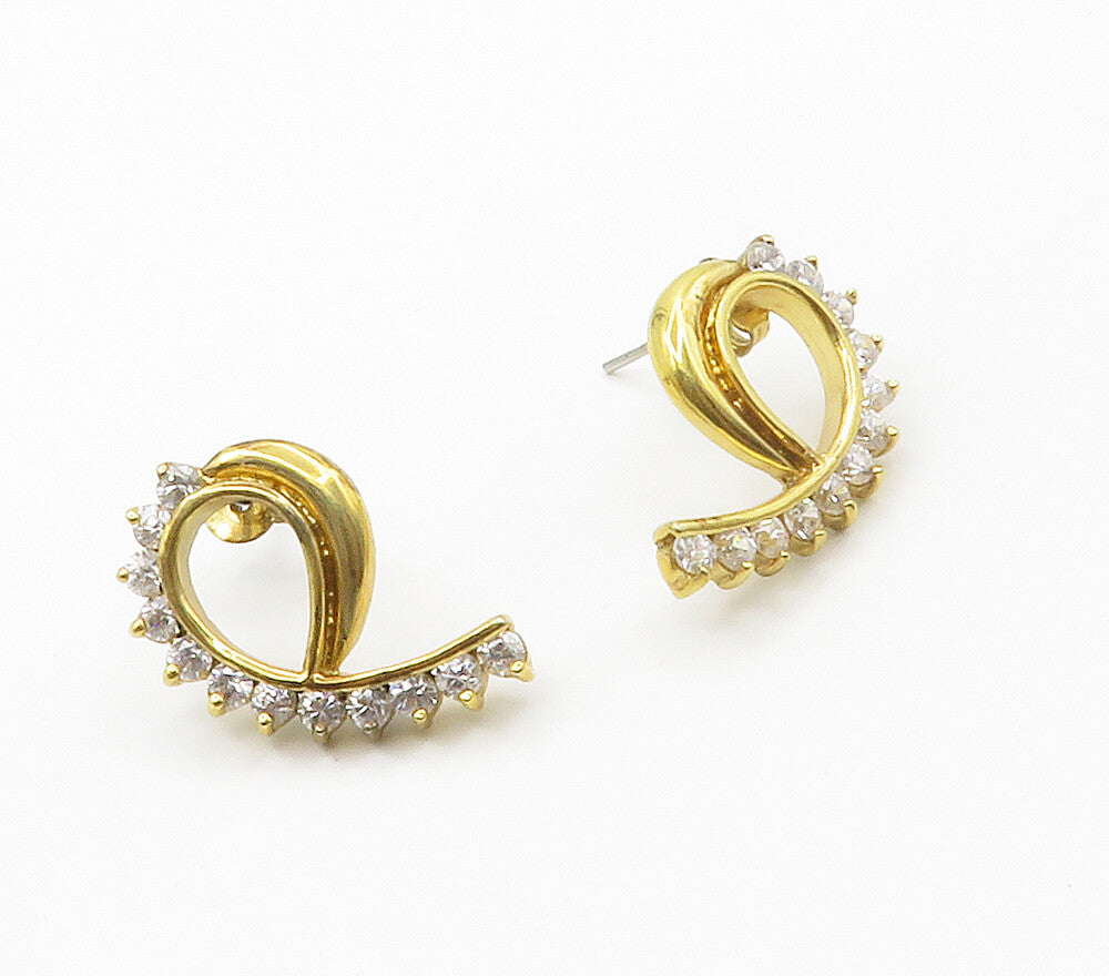 925 Sterling Silver  Shiny White Topaz Gold Plated Swirl Drop Earrings  EG7642
