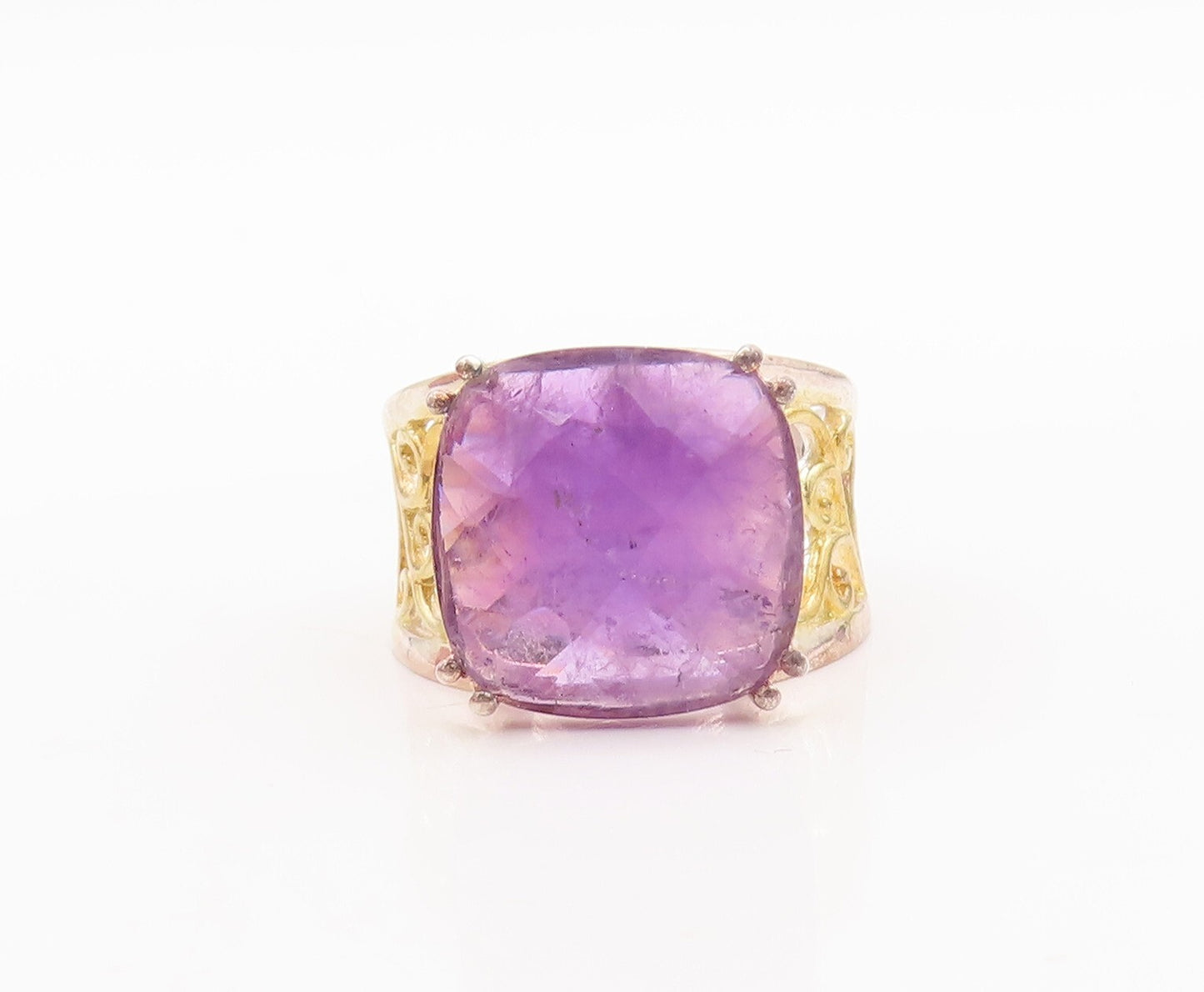 925 Sterling Silver Vintage Ring Swirly Cutout Square Amethyst  Sz 7  RG29465