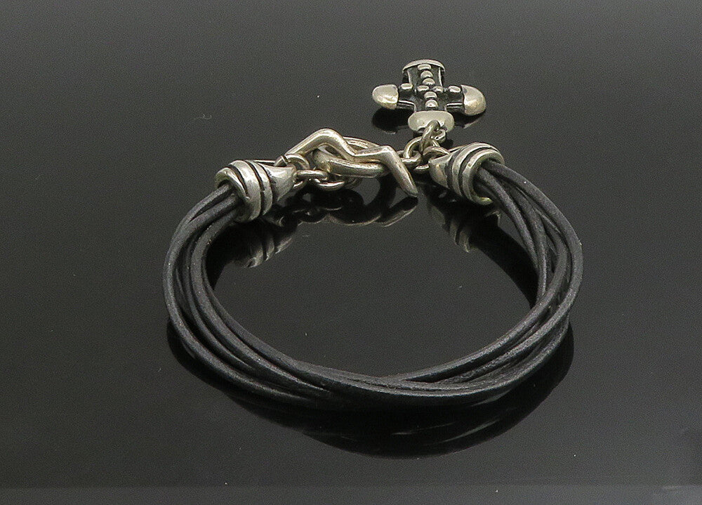 JRI MEXICO 925 Silver   Vintage Religious Cross Leather Rope Bracelet  BT9099