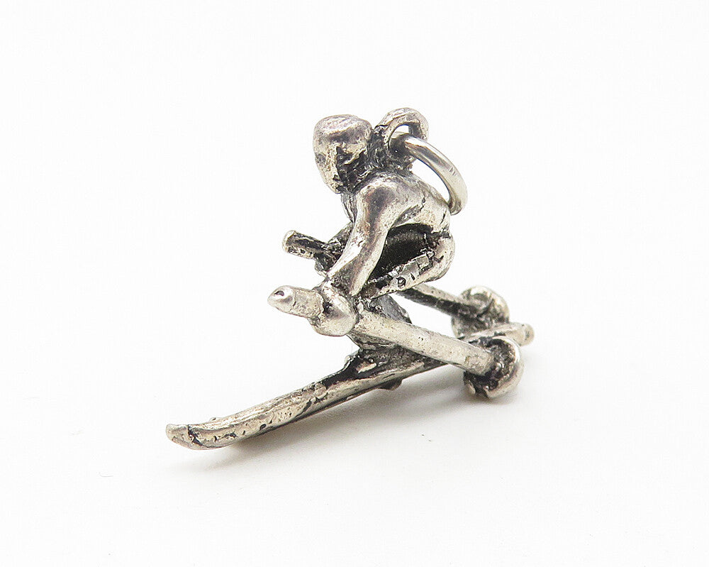 925 Sterling Silver  Vintage Petite Dark Tone Skiing Man Sports Pendant PT8942
