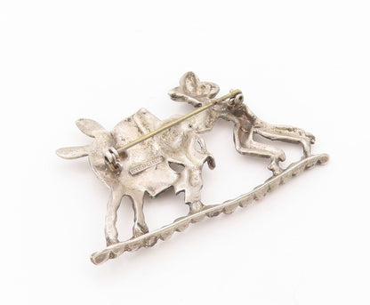 925 Sterling Silver Vintage Brooch Pin Antique Multi Stone Donkey & Man  BP11158