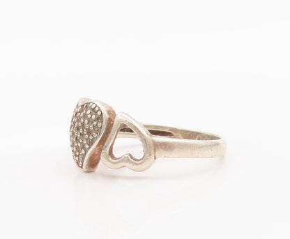 925 Sterling Silver Vintage Ring Swirly Carved Hearts Beaded Topaz Sz 7  RG27707