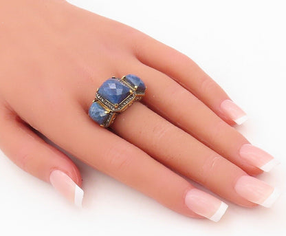 925 Sterling Silver Vintage Ring Diamonds & Rectangle Blue Gemstone Sz 8 RG30323