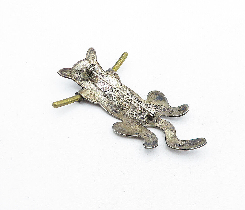 MEXICO 925 Sterling Silver  Vintage Two Tone Oxidized Cat Brooch Pin  BP1958