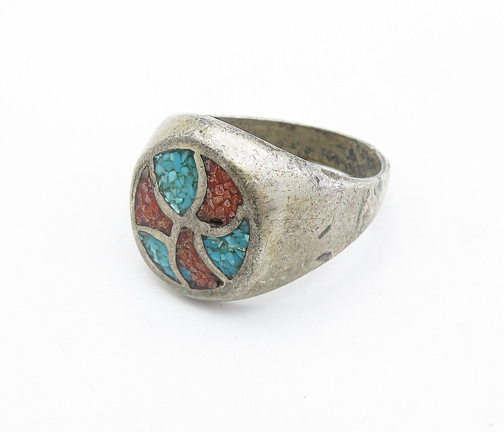 925 Silver  Vintage Antique Turquoise & Jasper Cocktail Ring Sz 9  RG7027