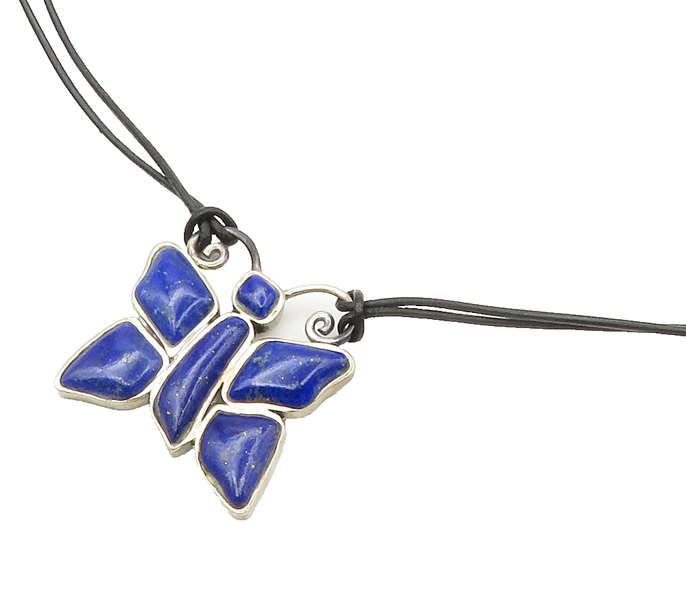 BARSE 925 Silver  Vintage Lapis Lazuli Butterfly Motif Chain Necklace  NE2478